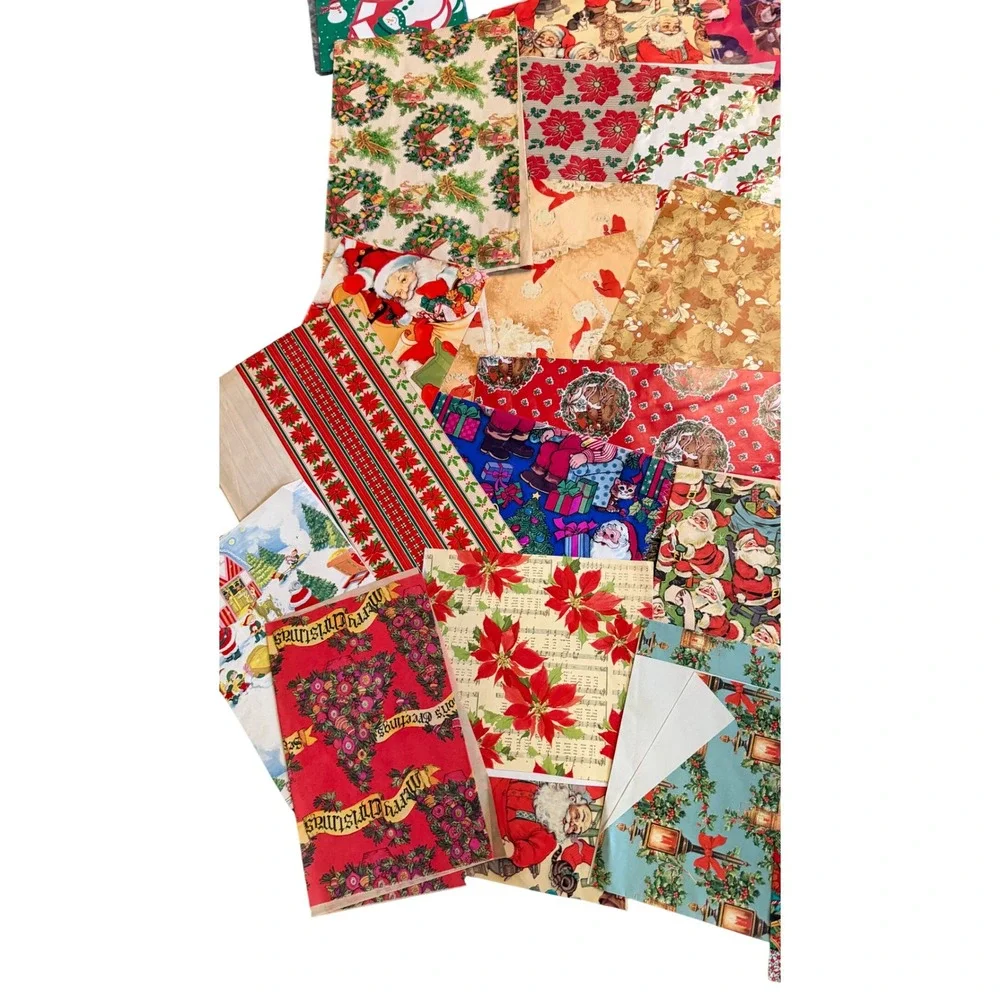Vintage Christmas Gift Wrap Lot Wrapping Paper Bags Tags Santa Ephemera